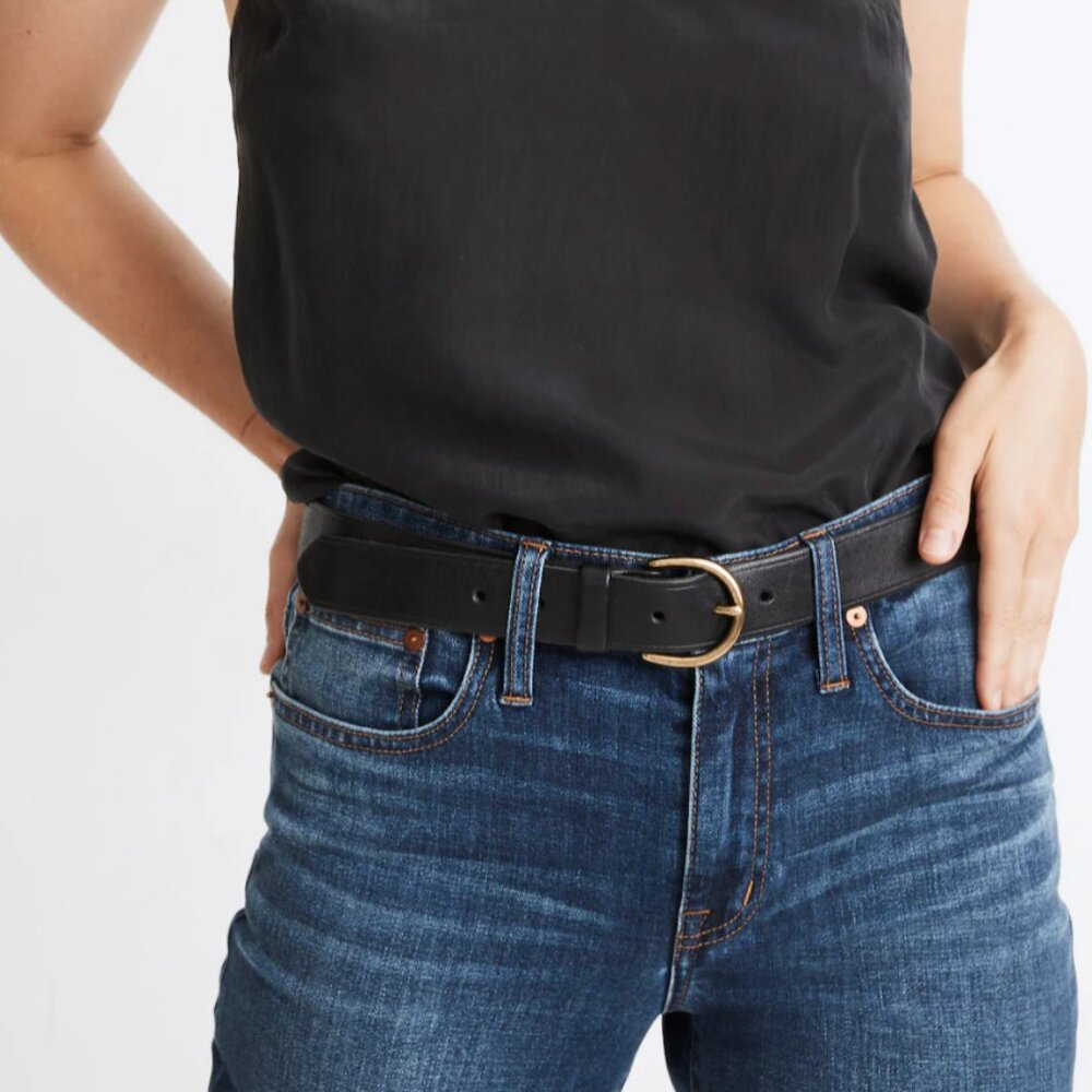 Madewell Medium Perfect Leather Belt, Black with Gold Buckle, Small